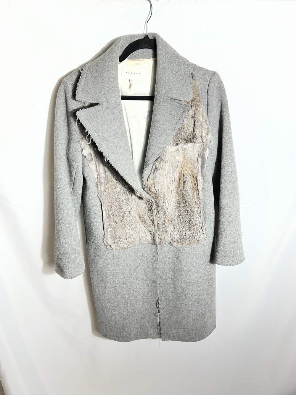 Sandro Paris Gray Rabbit Fur Wool Blend Coat Jacket Size 36 France Designer